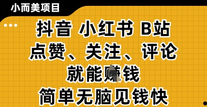 小而美的项目，抖音小红书B站视频点赞、关注、评论就能挣钱，简单无脑立见收益，妥妥的零撸项目