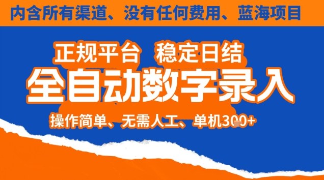 全自动数字录入,单机日入3张+,内含所有渠道全程免费零成本,操作简单可矩阵开干