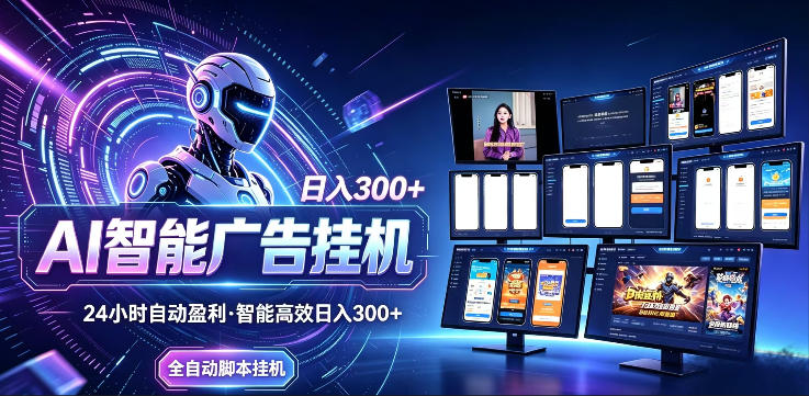 AI智能广告挂G项目，无需人工，单机稳定日入200+，可矩阵放大，24小时不间断刷广告賺收益