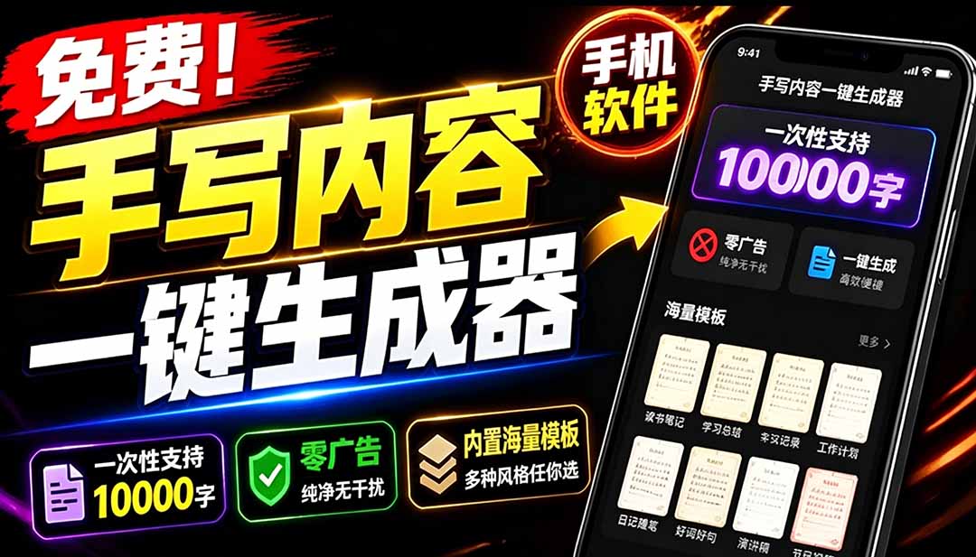 (18667期)超逼真手写字体一键生成器,纯免费离线运行,一次性支持10000字,零广告,内置海量模板