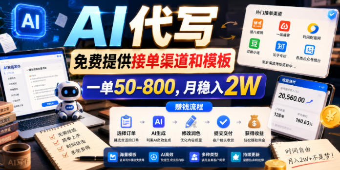 AI代写,免费提供接单渠道和模板,一单50-800,月稳入2W