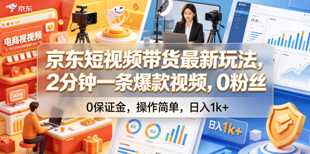 京东短视频带货最新玩法,2分钟一条爆款视频,0粉丝,0保证金,操作简单,日入1k+