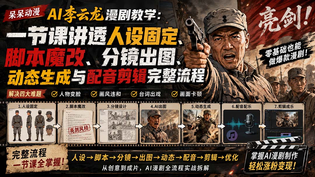 （20107期）呆呆动漫AI李云龙漫剧教学：一节课讲透人设固定、脚本魔改、分镜出图、动态生成与配音剪辑完整流程