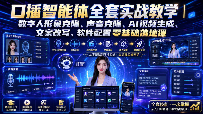 口播智能体全套实战教学｜数字人形象克隆、声音克隆、AI视频生成、文案改写、软件配置零基础落地课
