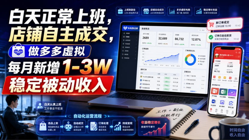 白天正常上班,店铺自主成交,做多多虚拟每月新增1-3W稳定被动收入