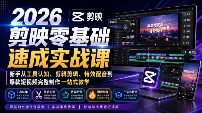 2026剪映零基础速成实战课|新手从工具认知、剪辑剪辑、特效配音到爆款短视频完整制作一站式教学