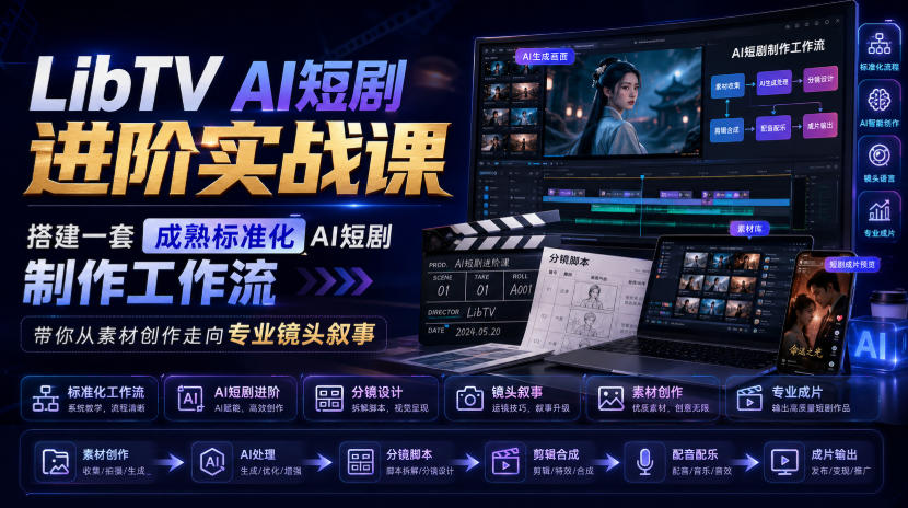 LibTV AI短剧进阶实战课,搭建一套成熟标准化AI短剧制作工作流,带你从素材创作走向专业镜头叙事