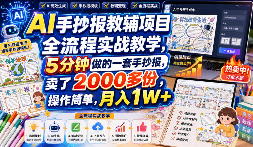 AI手抄报教辅项目全流程实战教学，5分钟做的一套手抄报，卖了2000多份，操作简单，月入1W+