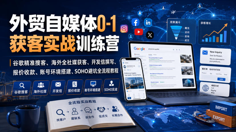 外贸自媒体0-1获客实战训练营|谷歌精准搜客、海外全社媒获客、开发信撰写、报价收款、账号环境搭建、SOHO避坑全流程教程