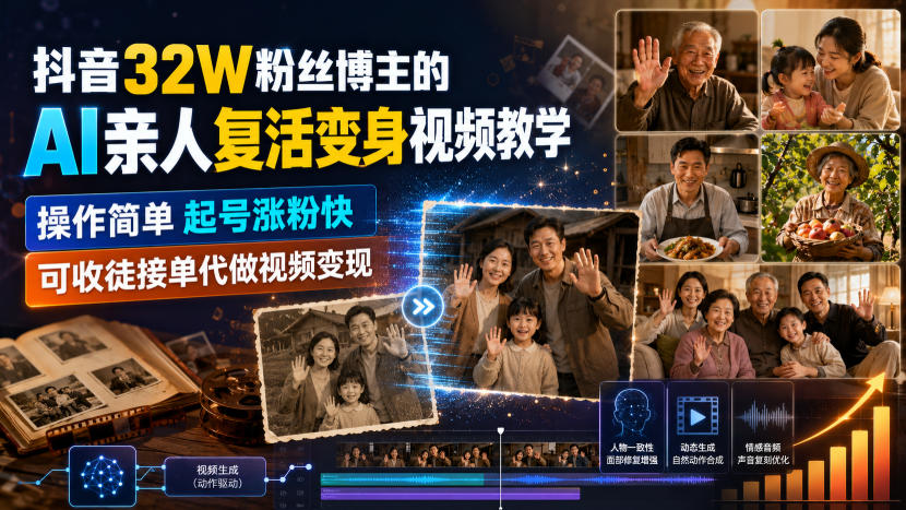 抖音32W粉丝博主的AI亲人复活变身视频教学,操作简单,起号涨粉快,可收徒接单代做视频变现