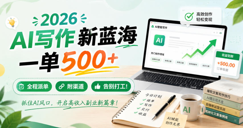 2026 AI写作新蓝海,一单500+,全程派单,附渠道,告别打工!