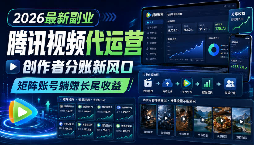 2026最新副业之腾讯视频代运营:创作者分账新风口,矩阵账号躺賺长尾收益