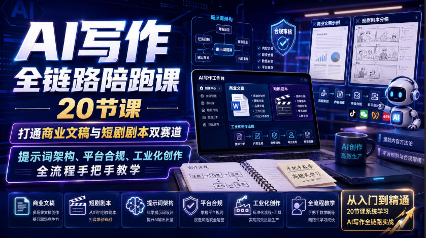 AI写作全链路陪跑课｜20节课打通商业文稿与短剧剧本双赛道，提示词架构、平台合规、工业化创作全流程手把手教学