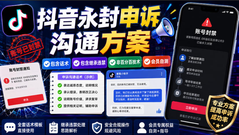 抖音永封申诉沟通方案,包含话术,包含继承违禁,非百分百技术,会员自测