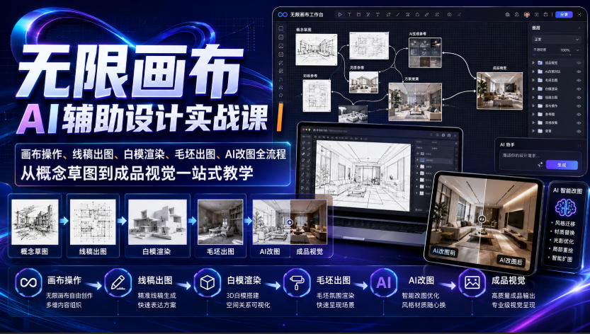 无限画布AI辅助设计实战课|画布操作、线稿出图、白模渲染、毛坯出图、AI改图全流程,从概念草图到成品视觉一站式教学