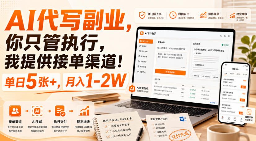 AI代写副业，你只管执行，我提供接单渠道！单日5张+，月入1-2W