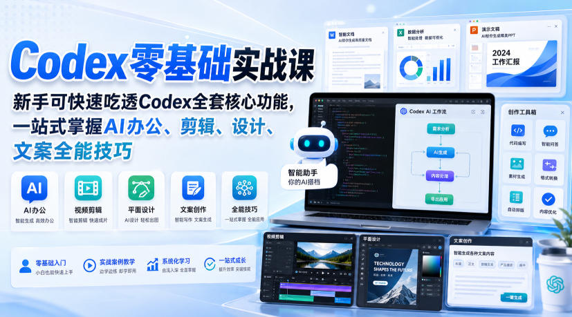 Codex零基础实战课,新手可快速吃透Codex全套核心功能,一站式掌握AI办公、剪辑、设计、文案全能技巧