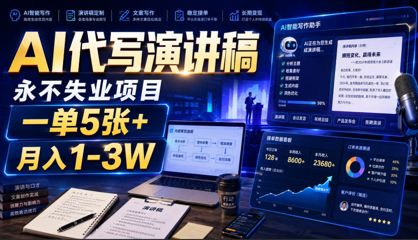 AI代写演讲稿，永不失业项目，一单5张+，月入1-3W