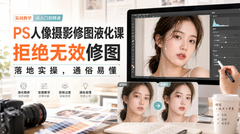 PS人像摄影修图液化课,拒绝无效修图,落地实操,通俗易懂