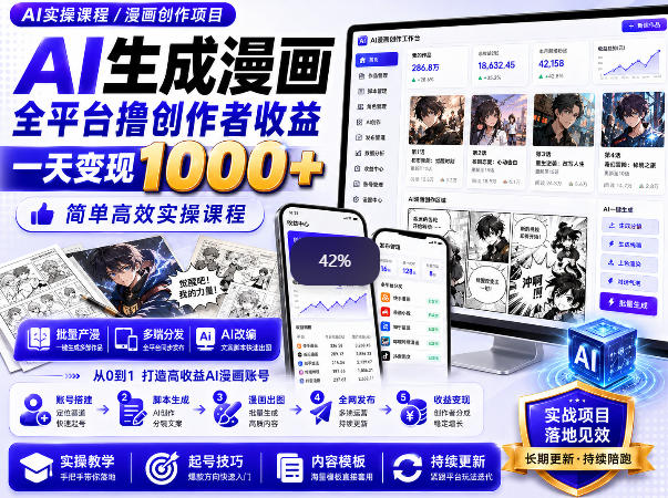 AI生成漫画全平台撸创作者收益内部课程,实操最高单日变现1k+