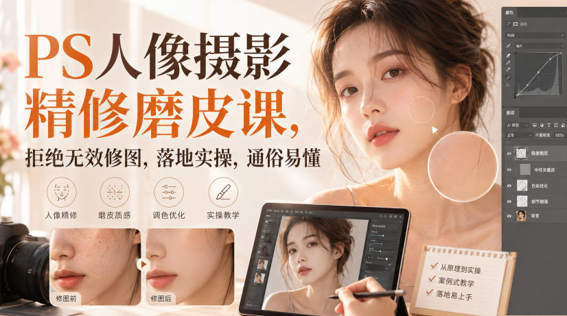 PS人像摄影精修磨皮课,拒绝无效修图,落地实操,通俗易懂
