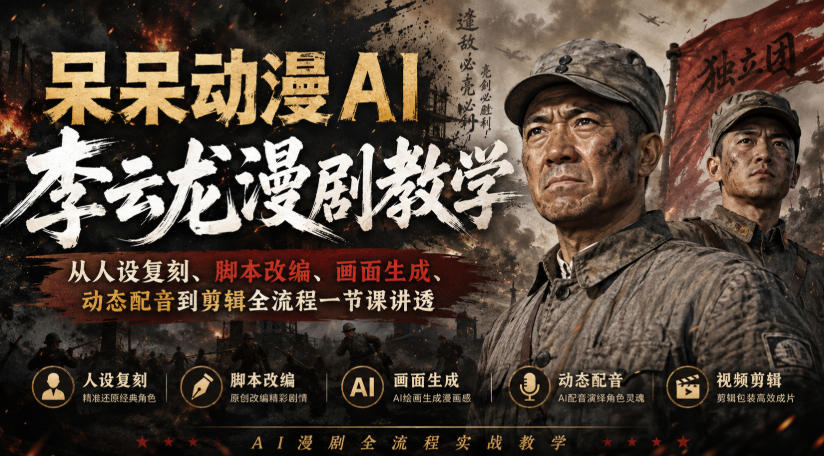 呆呆动漫AI李云龙漫剧教学，从人设复刻、脚本改编、画面生成、动态配音到剪辑全流程一节课讲透