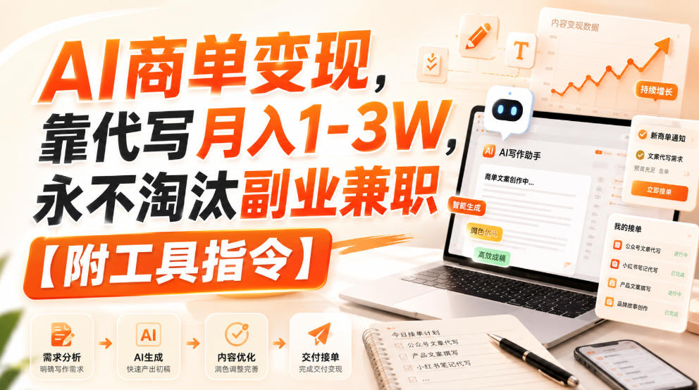 AI商单变现，靠代写月入1-3W，永不淘汰副业兼职【附工具指令】