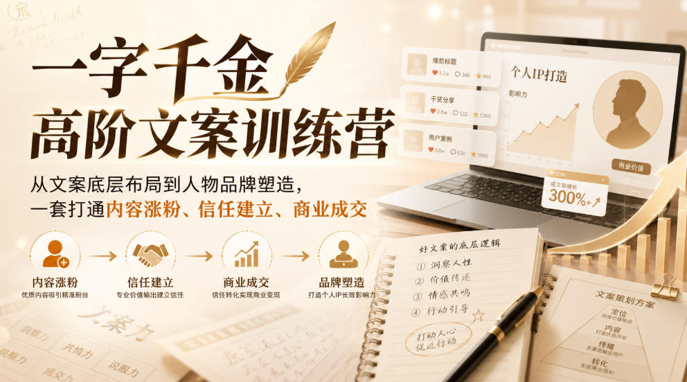 一字千金高阶文案训练营,从文案底层布局到人物品牌塑造,一套打通内容涨粉、信任建立、商业成交