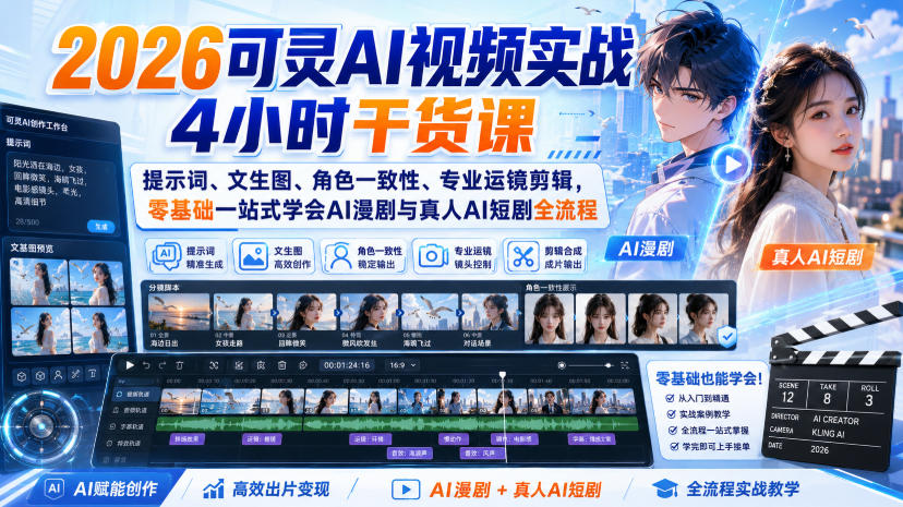 2026可灵AI视频实战4小时干货课|提示词、文生图、角色一致性、专业运镜剪辑,零基础一站式学会AI漫剧与真人AI短剧全流程