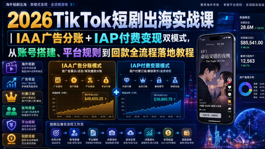 2026TikTok短剧出海实战课|IAA广告分账+IAP付费变现双模式,从账号搭建、平台规则到回款全流程落地教程
