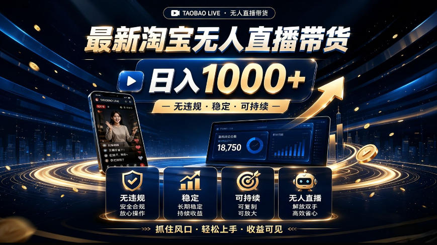 2026最新淘宝无人直播带货，日入1k+，无违规·稳定·可持续，抓住风口，轻松上手，收益可见