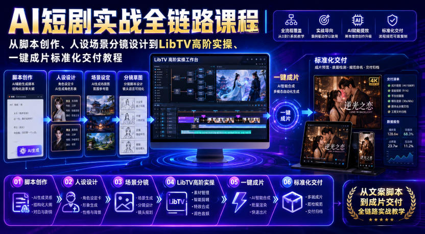 AI短剧实战全链路课程｜从脚本创作、人设场景分镜设计到LibTV高阶实操、一键成片标准化交付教程