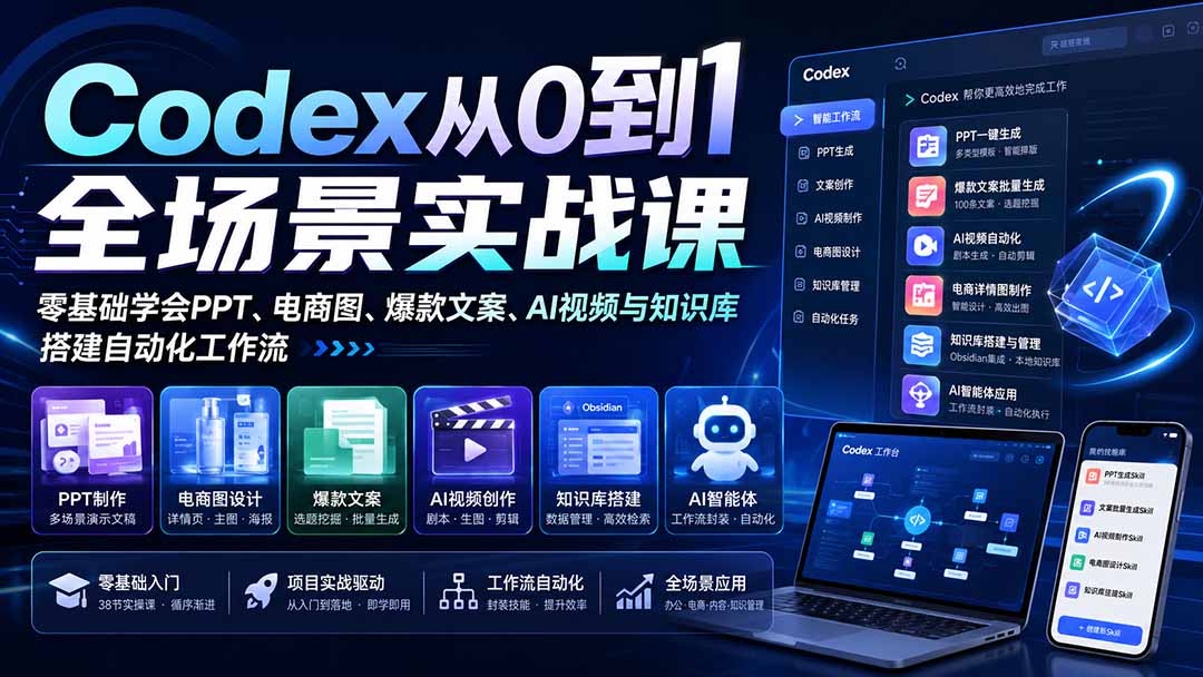 (20041期)Codex从0到1全场景实战课:零基础学会PPT、电商图、爆款文案、AI视频与知识库,搭建自动化工作流