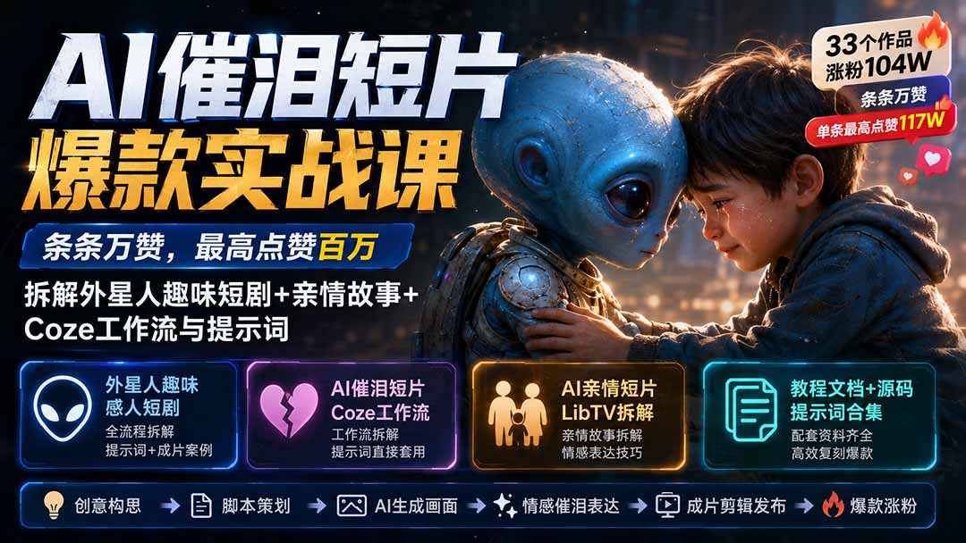 (20038期)AI催泪短片爆款实战课:条条万赞,最高点赞百万,拆解外星人趣味短剧+亲情故事+Coze工作流与提示词