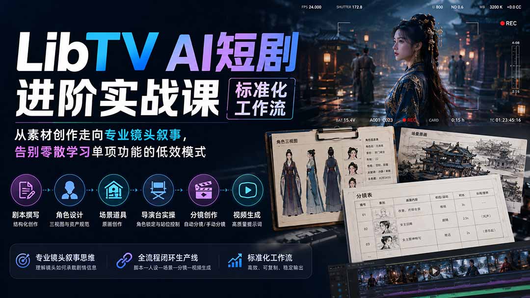 (19836期)LibTV AI短剧进阶实操课标准化工作流;从素材创作走向专业镜头叙事,告别零散学习单项功能的低效模式