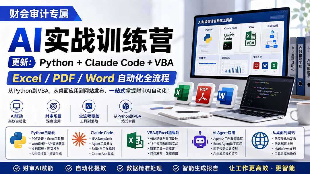 （19887期）财会审计专属 AI实战训练营：Python+Claude Code+VBA，Excel/PDF/Word自动化全流程 (更新)