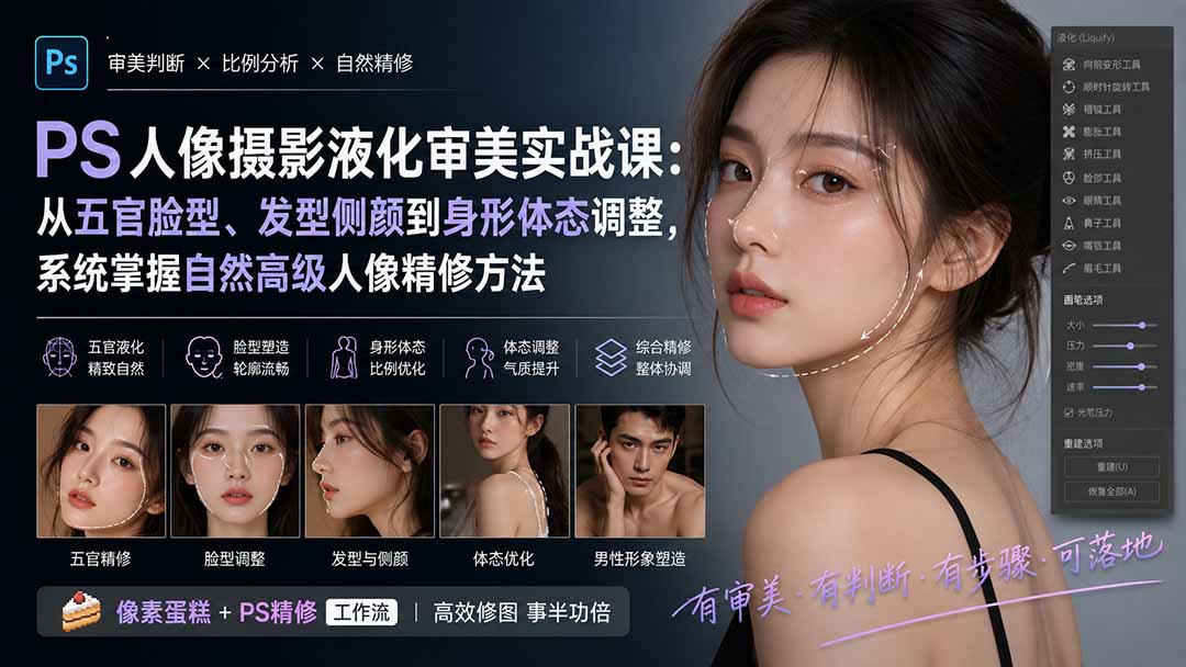(20062期)PS人像摄影液化审美实战课:从五官脸型、发型侧颜到身形体态调整,系统掌握自然高级人像精修方法