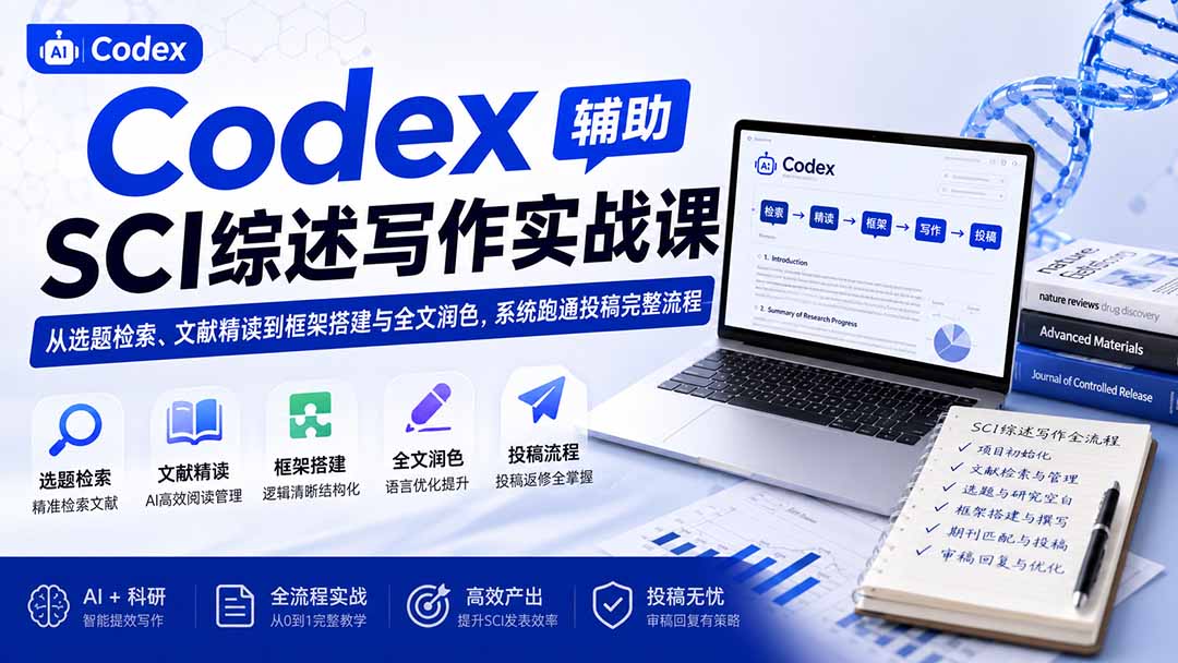 （19751期）Codex辅助SCI综述写作实战课——从选题检索、文献精读到框架搭建与全文润色，系统跑通投稿完整流程