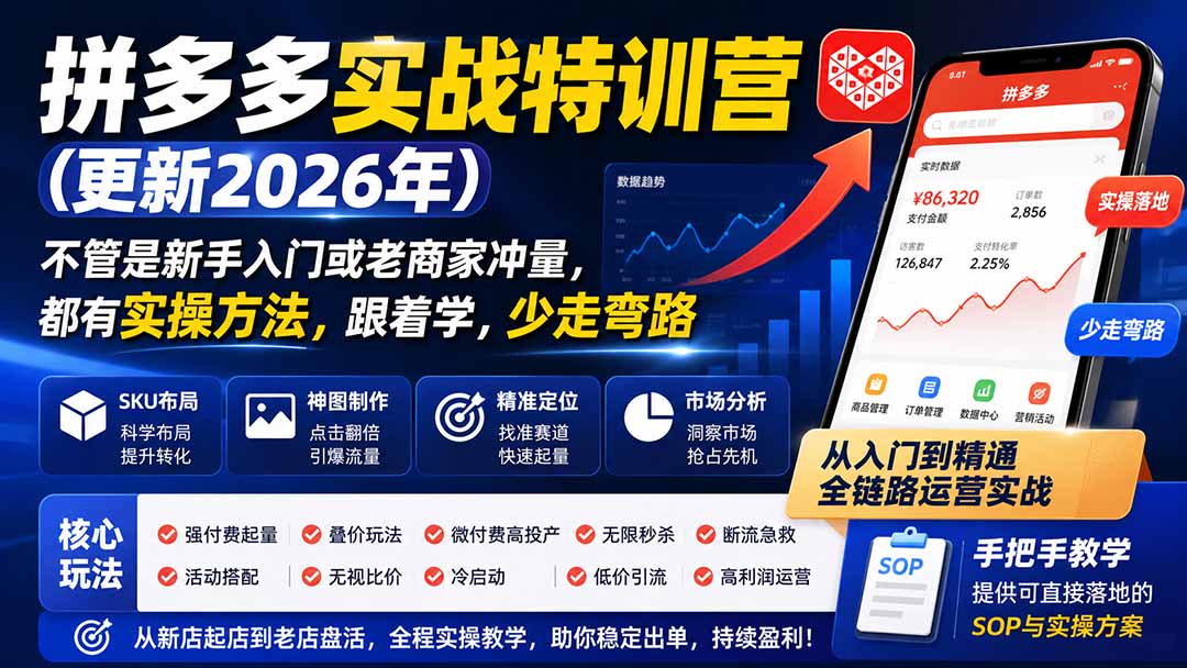 (19842期)拼多多实战特训营(更新2026年):不管是新手入门或老商家冲量,都有实操方法,跟着学,少走弯路