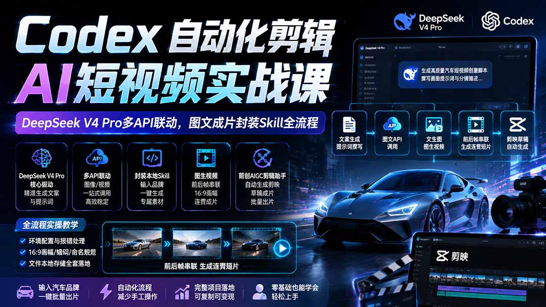 (19711期)Codex自动化剪辑AI短视频实战课|DeepSeek V4 Pro多API联动,图文成片封装Skill全流程