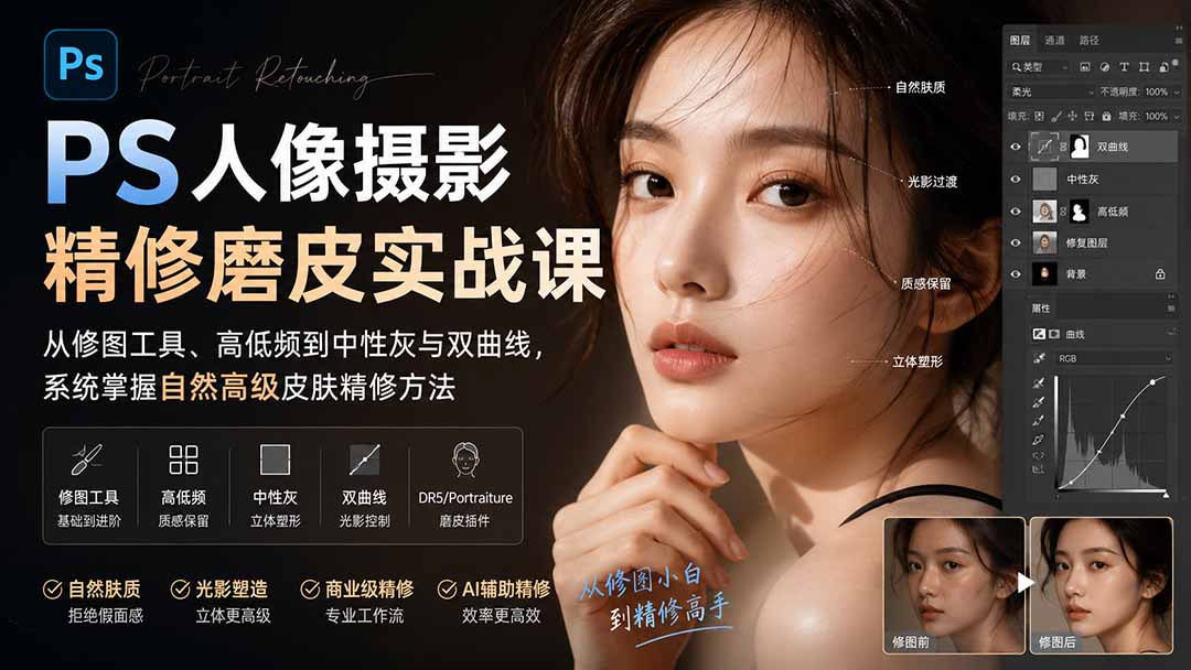 (20061期)PS人像摄影精修磨皮实战课:从修图工具、高低频到中性灰与双曲线,系统掌握自然高级皮肤精修方法