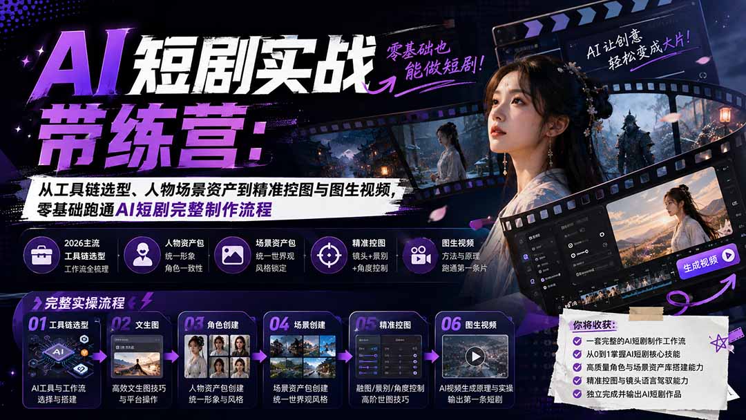 （20064期）AI短剧实战训练营：从工具链选型、人物场景资产到精准控图与图生视频，零基础跑通AI短剧完整制作流程