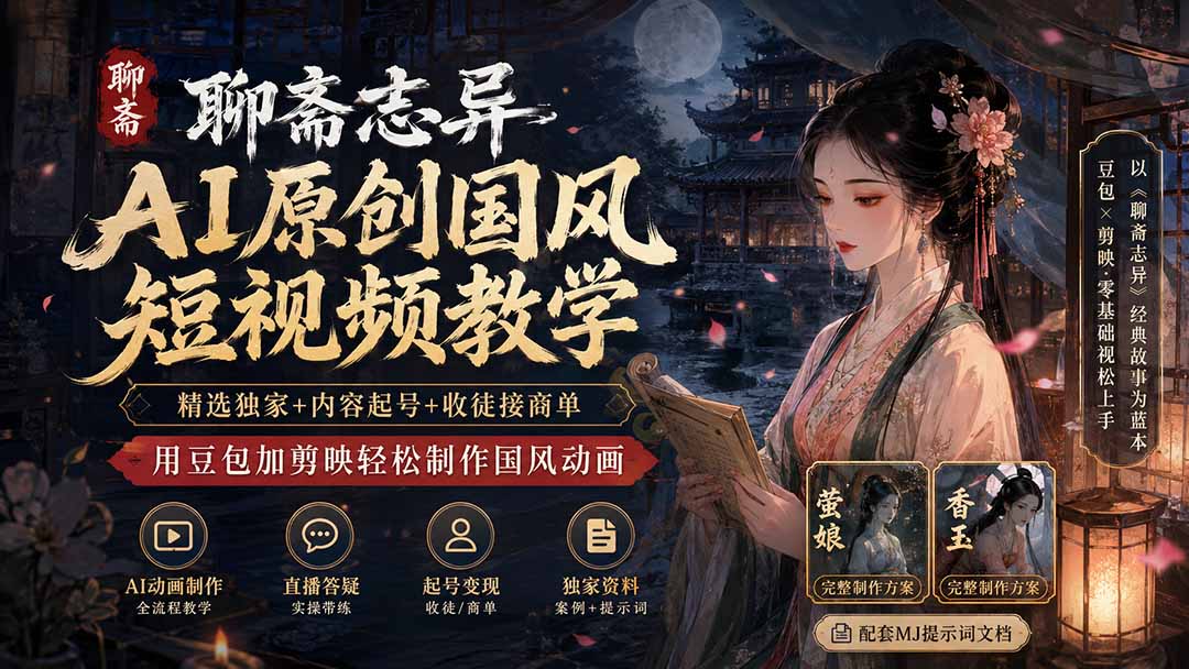 （19754期）聊斋志异AI原创国风短视频教学-更新；精选独家+内容起号+收徒接商单，用豆包加剪映轻松制作国风动画