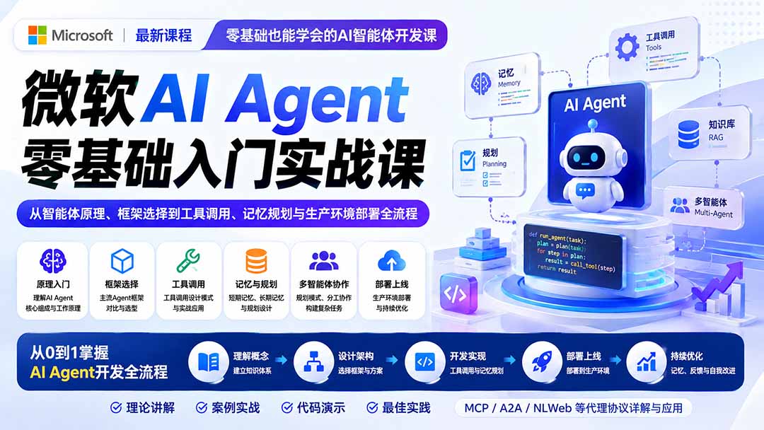 (19977期)微软AI Agent零基础入门实战课:从智能体原理、框架选择到工具调用、记忆规划与生产环境部署全流程