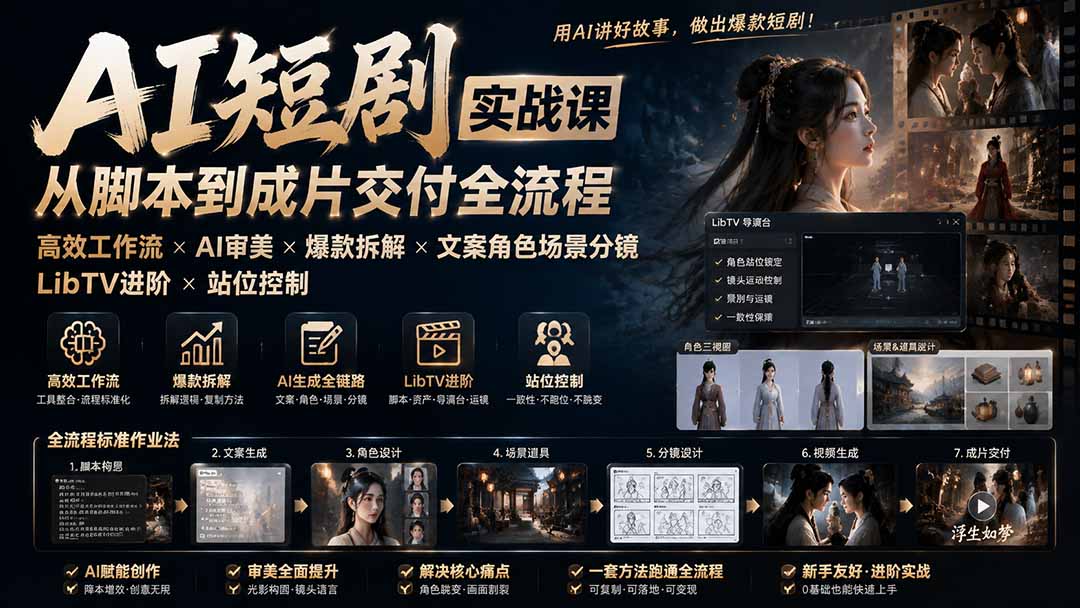 （19717期）AI短剧实战课：高效工作流×AI审美×爆款拆解×文案角色场景分镜×LibTV进阶×站位控制×从脚本到成片交付全流程