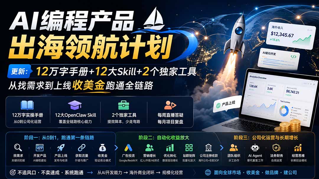 （20099期）AI编程产品出海领航计划-更新：12万字手册+12大Skill+2个独家工具，从找需求到上线收美金跑通全链路