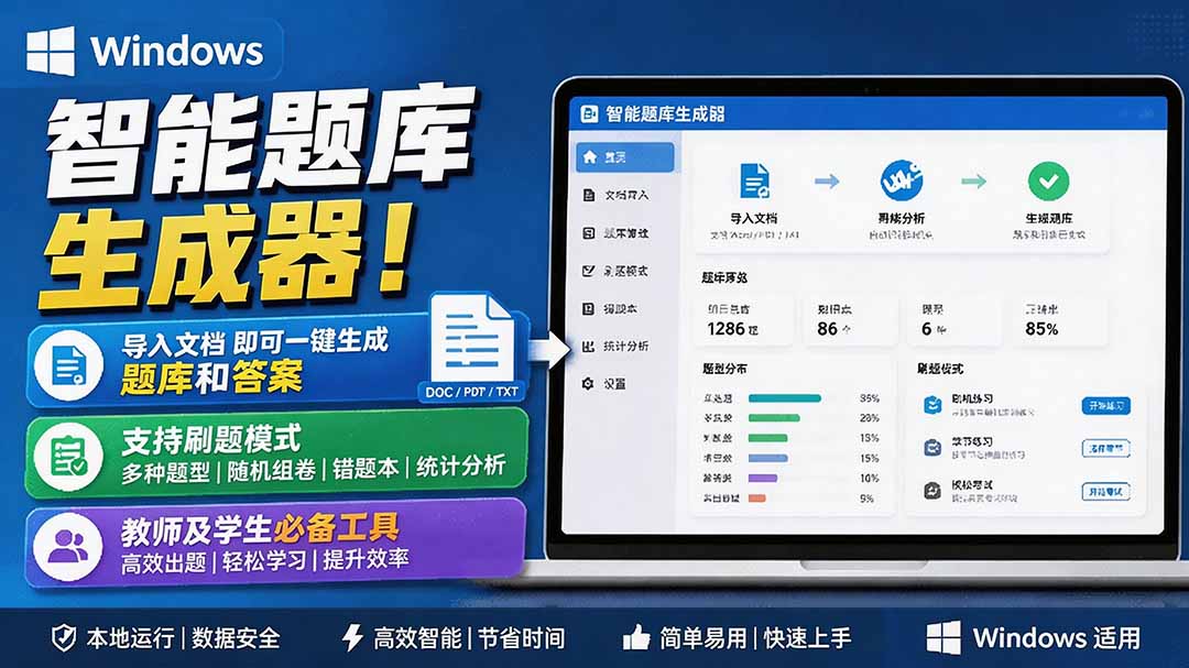 （19855期）Windows 智能题库刷题软件！导入文档一键生成题库和答案，并支持刷题模式，教师及学生必备工具 原创
