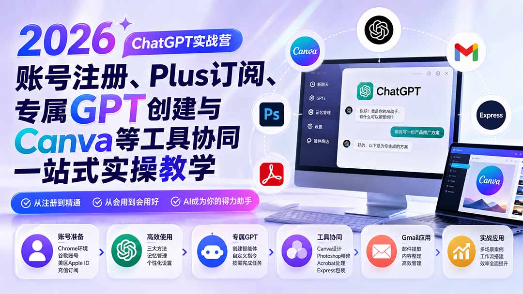 （19924期）2026 ChatGPT实战营；账号注册、Plus订阅、专属GPT创建与Canva等工具协同一站式实操教学