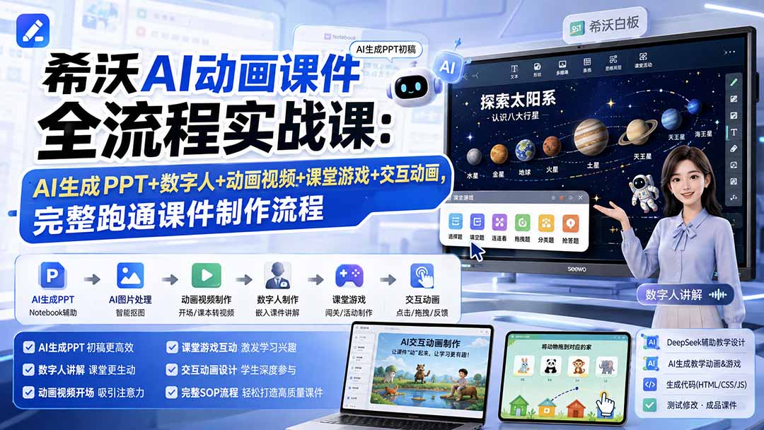 （19743期）希沃AI动画课件全流程实战课：AI生成PPT+数字人+动画视频+课堂游戏+交互动画，完整跑通课件制作流程