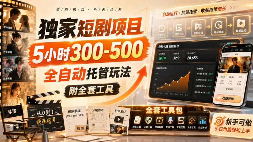 独家短剧项目,5小时300-500,全自动托管玩法,附全套工具